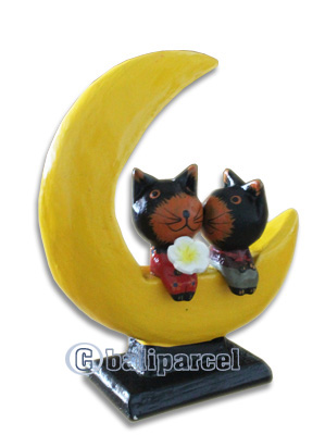 Wooden Cat With Painted, Hand Carved From Albesia Wood