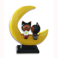 Wooden Cat With Painted, Hand Carved From Albesia Wood