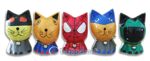 Wooden Cat Set Of 5 With Painted, Hand Carved From Albesia Wood