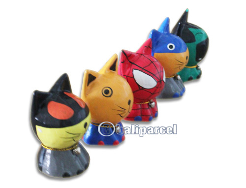 Wooden Cat Set Of 5 With Painted, Hand Carved From Albesia Wood