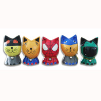 Wooden Cat Set Of 5 With Painted, Hand Carved From Albesia Wood