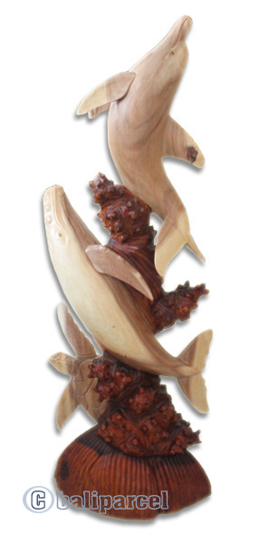 Wooden Dholpins, Whale And Turtle, Hand Carved From Suar Wood