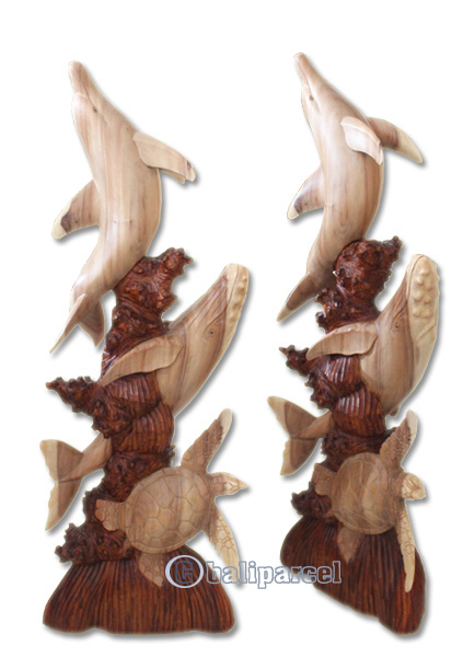 Wooden Dholpins, Whale And Turtle, Hand Carved From Suar Wood