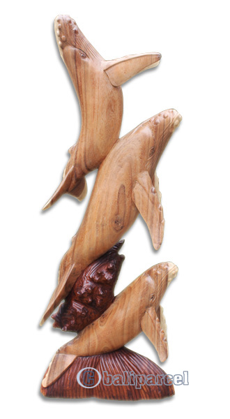 Wooden 3 Whale, Hand Carved From Suar Wood