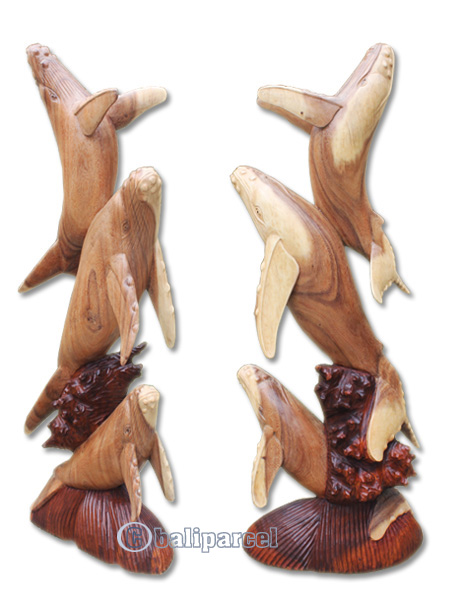 Wooden 3 Whale, Hand Carved From Suar Wood