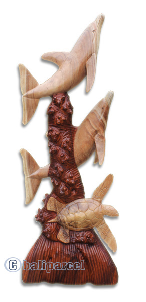 Wooden 2 Dholpins And Turtle, Hand Carved From Suar Wood