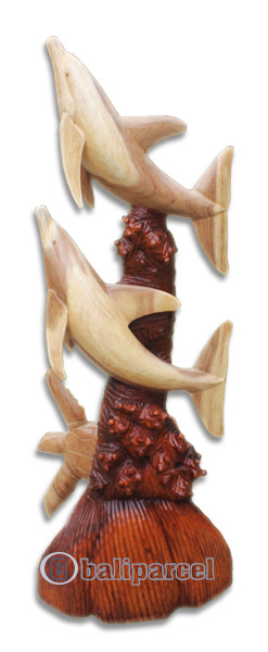 Wooden 2 Dholpins And Turtle, Hand Carved From Suar Wood
