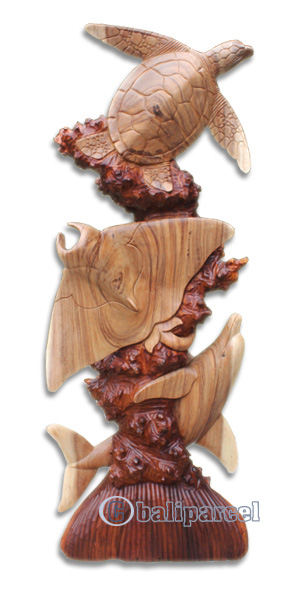 Wooden Dholpins, Manta Ray And Turtle, Hand Carved From Suar Wood