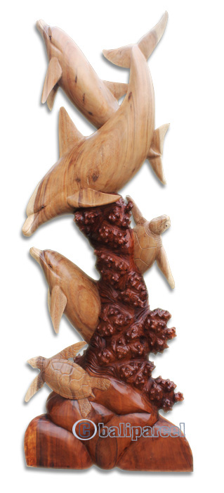 Wooden 3 Dholpins And 2 Turtle, Hand Carved From Suar Wood