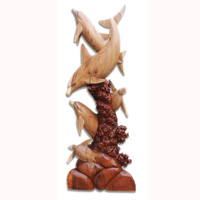 Wooden 3 Dholpins And 2 Turtle, Hand Carved From Suar Wood