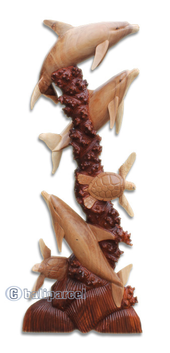 Wooden 3 Dholpins And 2 Turtle, Hand Carved From Suar Wood