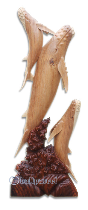 Wooden 3 Whale, Hand Carved From Suar Wood