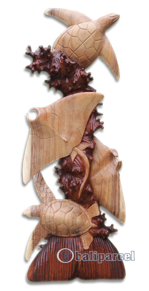 Wooden 2 Manta Ray And 2 Turtle, Hand Made From Suar Wood