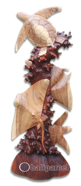 Wooden 2 Manta Ray And 2 Turtle, Hand Made From Suar Wood