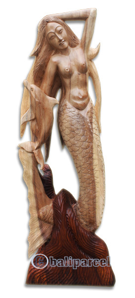 Wooden Mermaid With Dolphins, Hand Carved From Suar Wood