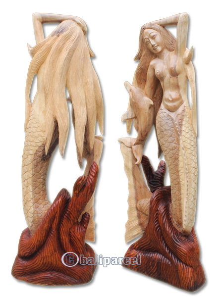 Wooden Mermaid With Dolphins, Hand Carved From Suar Wood