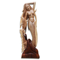 Wooden Mermaid With Dolphins, Hand Carved From Suar Wood
