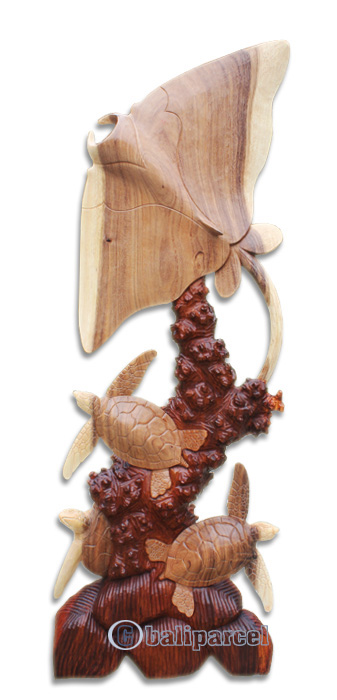 Wooden Manta Ray And 3 Turtle, Hand Made From Suar Wood