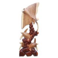 Wooden Manta Ray And 3 Turtle, Hand Made From Suar Wood