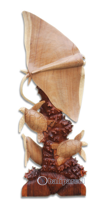 Wooden Manta Ray, 2 Turtle And Dolphins, Hand Made From Suar Wood