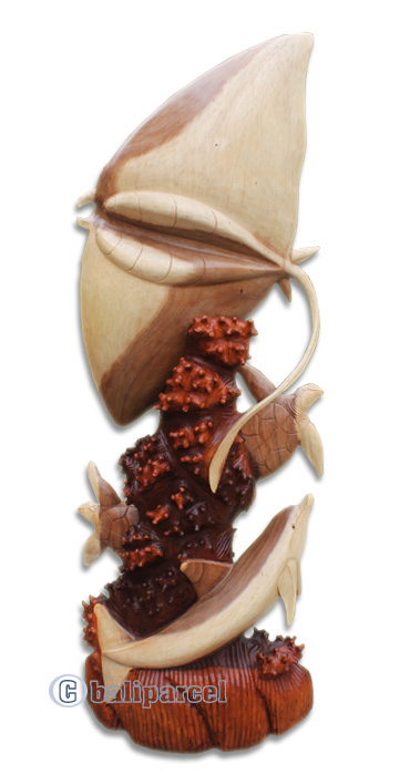 Wooden Manta Ray, 2 Turtle And Dolphins, Hand Made From Suar Wood