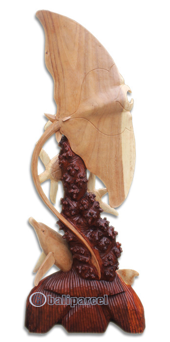 Wooden Manta Ray, 3 Turtle And Dolphins, Hand Made From Suar Wood