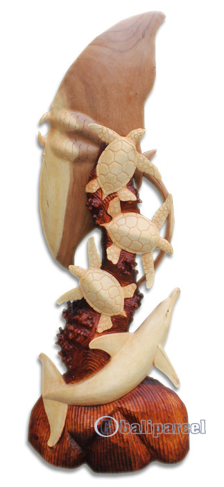 Wooden Manta Ray, 3 Turtle And Dolphins, Hand Made From Suar Wood