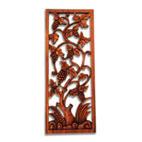 Wooden Grapes Wallhanging, Hand Carved From Suar Wood With Brown Polished