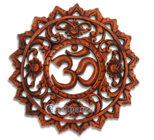 Wooden OM Wallhanging, Hand Carved From Suar Wood With Brown Polished