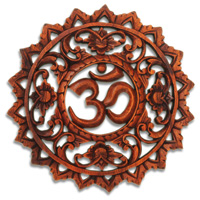Wooden OM Wallhanging, Hand Carved From Suar Wood With Brown Polished