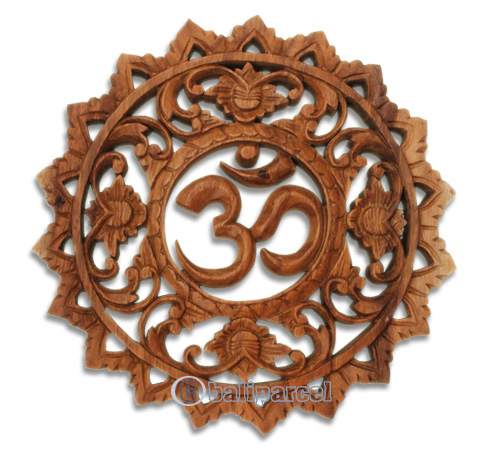Wooden OM Wallhanging, Hand Carved From Suar Wood With Natural Polished