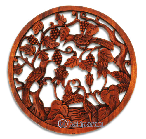 Wooden Grapes With Bird Wallhanging, Hand Carved From Suar Wood With Brown Polished