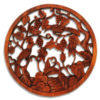 Wooden Grapes With Bird Wallhanging, Hand Carved From Suar Wood With Brown Polished