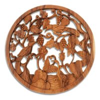Wooden Grapes With Bird Wallhanging, Hand Carved From Suar Wood With Natural Polished