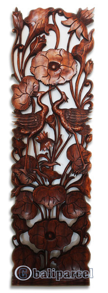 Wooden Wallhanging, Lotus With 2 Bird Carved, Made From Suar Wood With Brown Polished