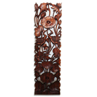 Wooden Wallhanging, Lotus With 2 Bird Carved, Made From Suar Wood With Brown Polished