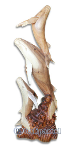 Wooden 3 Whale, Hand Carved From Suar Wood
