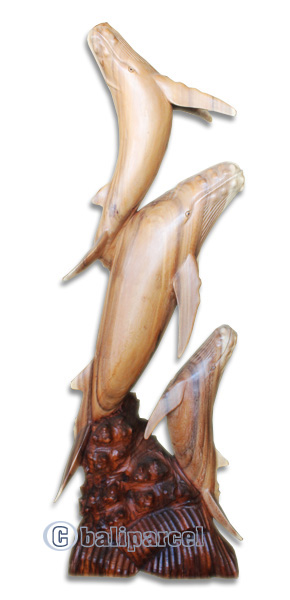 Wooden 3 Whale, Hand Carved From Suar Wood