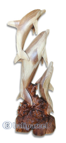 Wooden 3 Dolphins, Hand Carved From Suar Wood