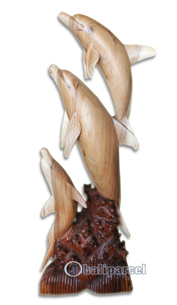 Wooden 3 Dolphins, Hand Carved From Suar Wood