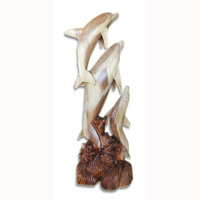 Wooden 3 Dolphins, Hand Carved From Suar Wood