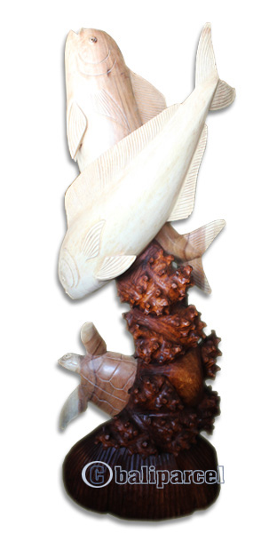 Wooden 2 Mahi - Mahi Fish With Turtle, Hand Carved From Suar Wood