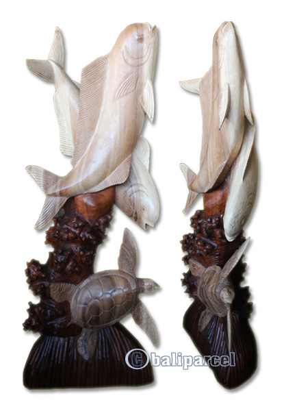 Wooden 2 Mahi - Mahi Fish With Turtle, Hand Carved From Suar Wood