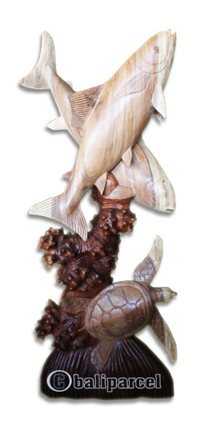 Wooden 2 Salmon Fish With Turtle, Hand Carved From Suar Wood