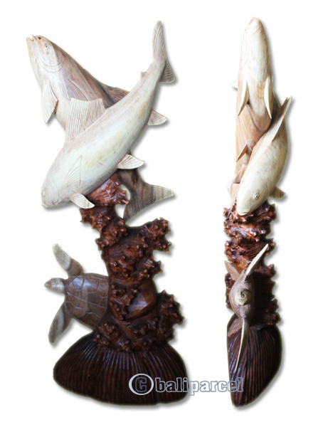 Wooden 2 Salmon Fish With Turtle, Hand Carved From Suar Wood