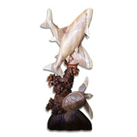 Wooden 2 Salmon Fish With Turtle, Hand Carved From Suar Wood