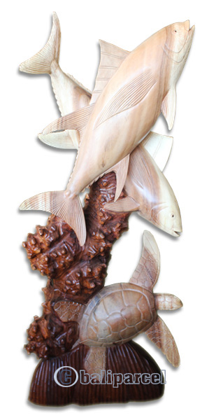 Wooden 2 Tuna Fish With Turtle, Hand Carved From Suar Wood