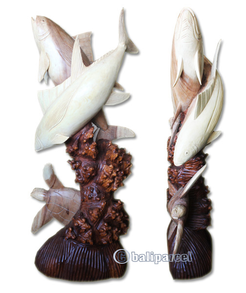 Wooden 2 Tuna Fish With Turtle, Hand Carved From Suar Wood