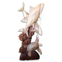Wooden 2 Tuna Fish With Turtle, Hand Carved From Suar Wood