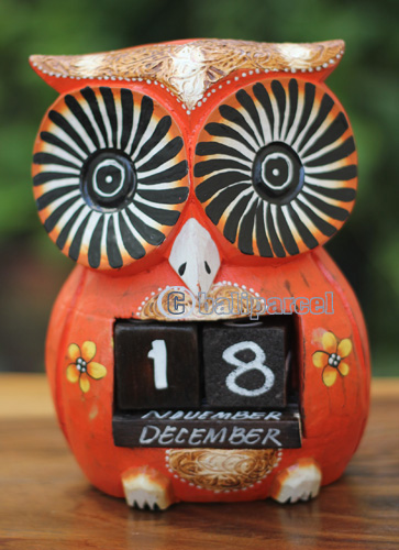 Wooden Calendar With Owl, Hadmade From Albesia Wood